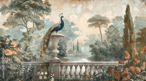 An old Roman mural wallpaper depicting a garden with a forest, peacocks, birds, vases, and botanical plants