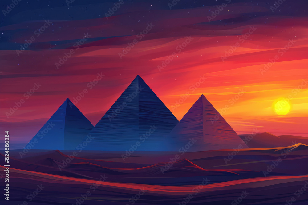 The Pyramids of Giza silhouetted against a vibrant sunrise with a golden desert landscape