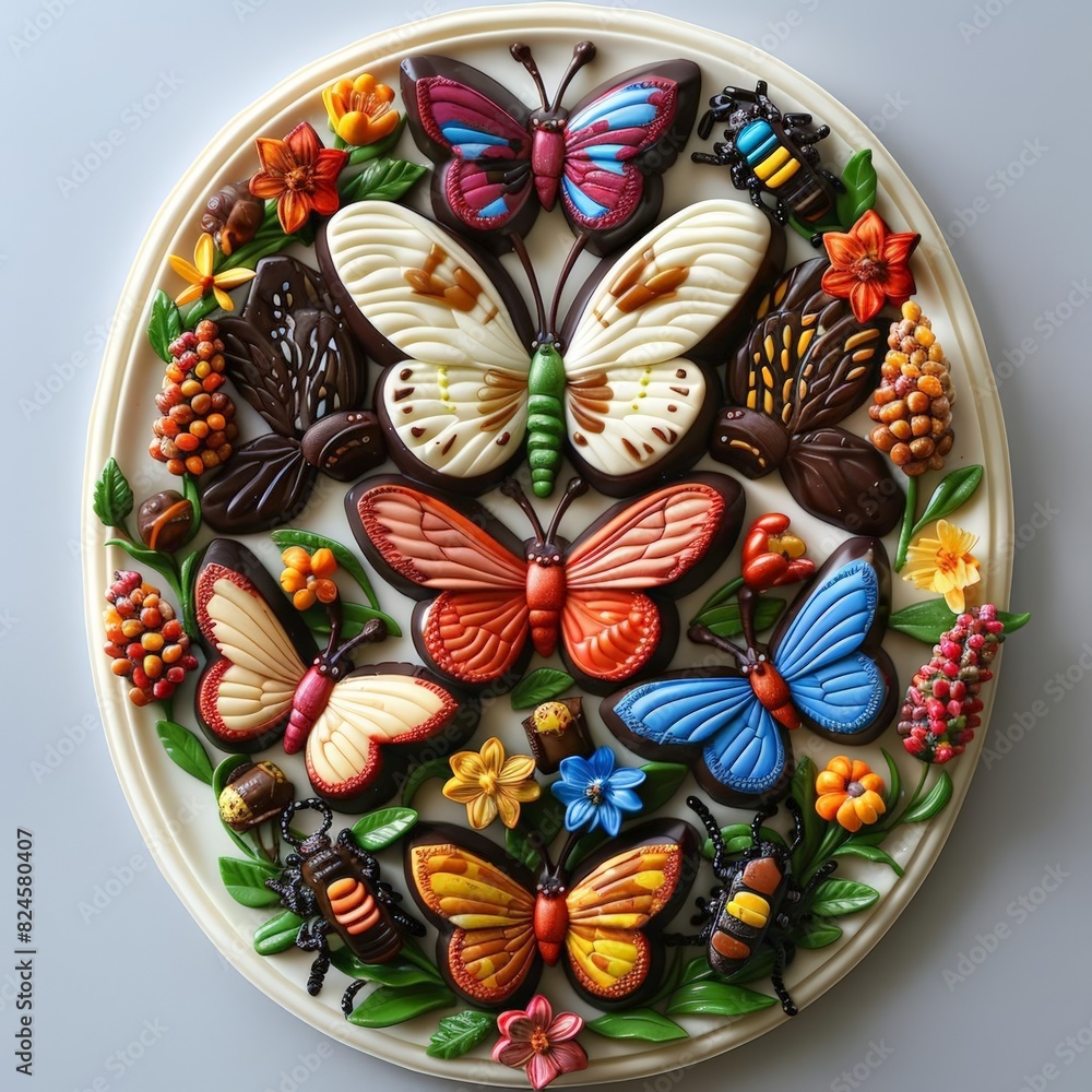 A festive arrangement of chocolate insects on a bright