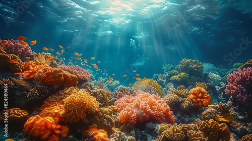 Environmental conservation concept, A thriving coral reef teeming with marine life, representing the need to protect ocean habitats from pollution and climate change. Realistic Photo, © DARIKA