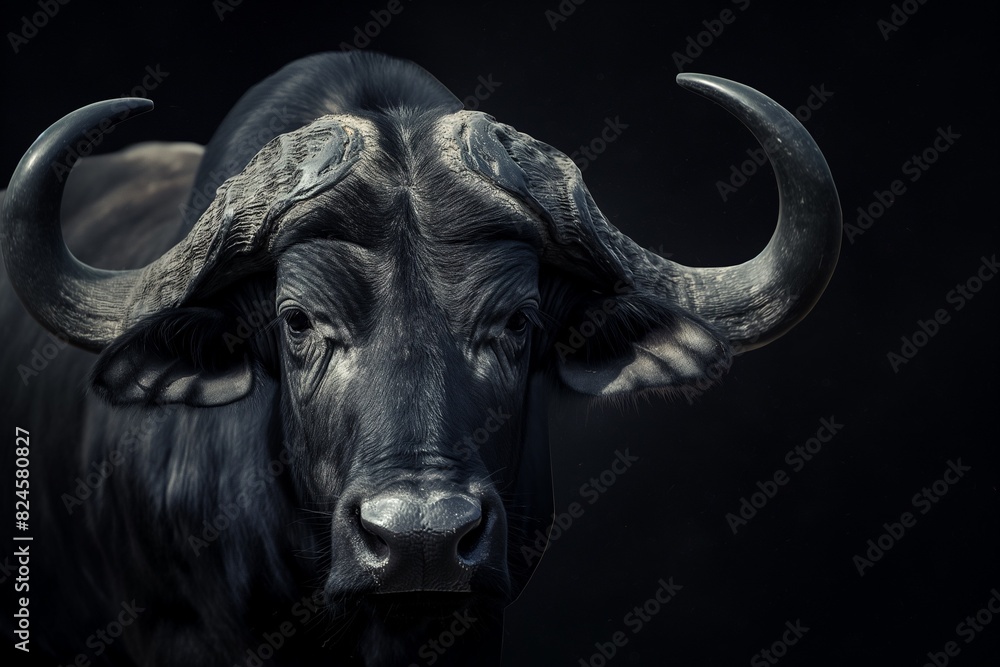 Majestic African buffalo close up portrait isolated on dark black background with dramatic lighting. Horizontal. Space for copy. Majestic African buffalo close up portrait isolated on dark black background with dramatic lighting. Horizontal. Space for copy.