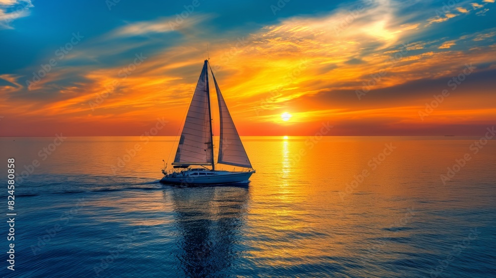 A serene sunset over calm waters with a sailboat in the distance, capturing the beauty of a tranquil seascape.