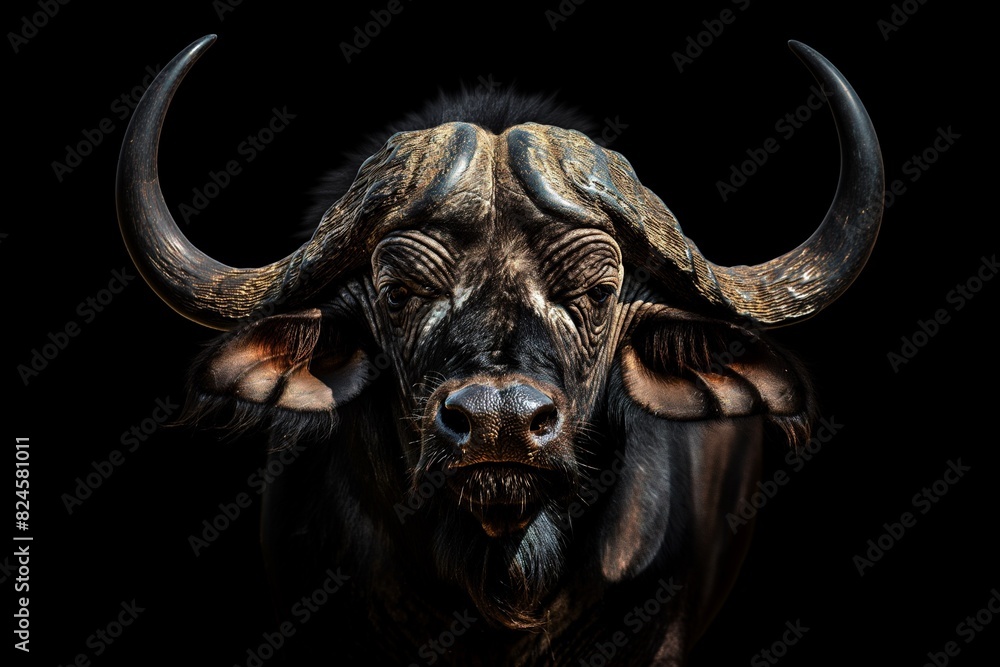 Naklejka premium Majestic African buffalo close up portrait isolated on dark black background with dramatic lighting. Horizontal. Space for copy.