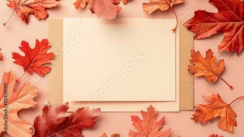 Flat lay design with a blank beige card and a red oak leaf frame in autumn