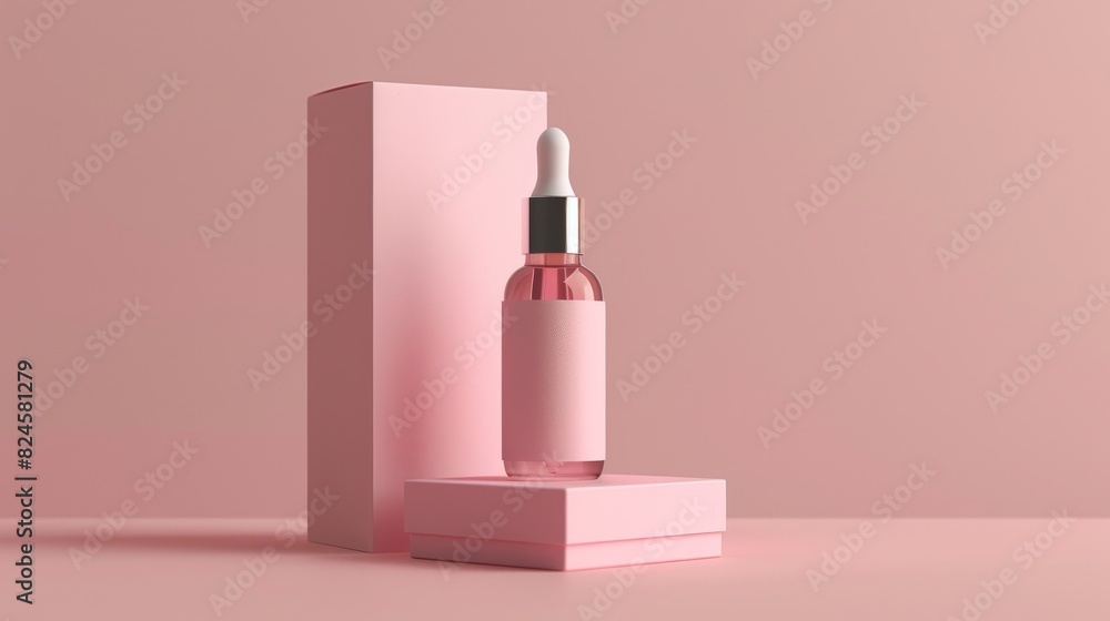 The packaging of skincare products includes a serum dropper bottle and a pink paper box The packaging of skincare products includes a serum dropper bottle and a pink paper box