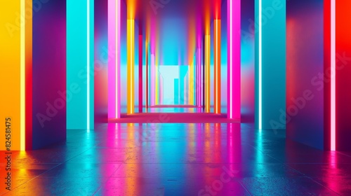 Colorful modern hallway with vibrant neon lights and reflections, creating a futuristic and artistic atmosphere. Ideal for creative designs.