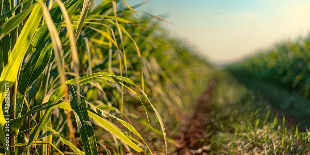 Photo of sugarcane in the field, blurred background, clear sky, green leaves on top and bottom of the sugar cane with yellow stripes Photo of sugarcane in the field, blurred background, clear sky, green leaves on top and bottom of the sugar cane with yellow stripes