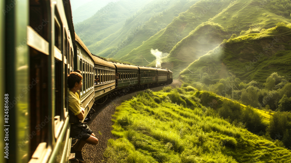Fototapeta premium Travelers peering out from train
