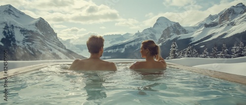Couple relaxing in outdoor hot tub with stunning winter mountain view, enjoying serene landscape amid snowy peaks.