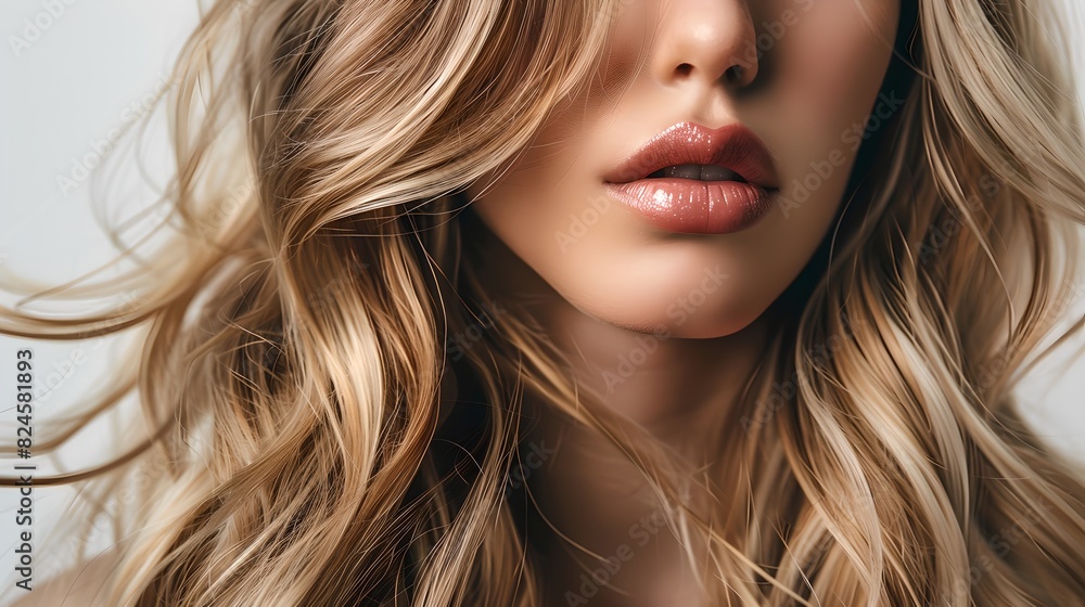 Close-up of woman with wavy golden hair and pink lips. The image showcases the natural beauty of loose curls. Perfect for beauty and lifestyle projects. AI Close-up of woman with wavy golden hair and pink lips. The image showcases the natural beauty of loose curls. Perfect for beauty and lifestyle projects. AI