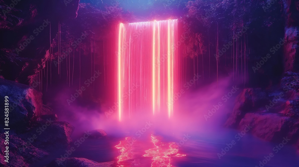 Fantasy waterfall with neon pink lights, surrounded by rocks and mist, creating a mesmerizing and surreal atmosphere in nature. Fantasy waterfall with neon pink lights, surrounded by rocks and mist, creating a mesmerizing and surreal atmosphere in nature.