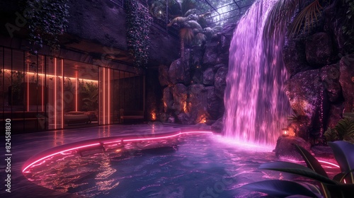 Enchanting indoor pool with luminous pink waterfall surrounded by lush greenery and ambient lighting at night.