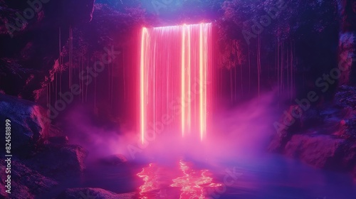 Fantasy waterfall with neon pink lights, surrounded by rocks and mist, creating a mesmerizing and surreal atmosphere in nature.