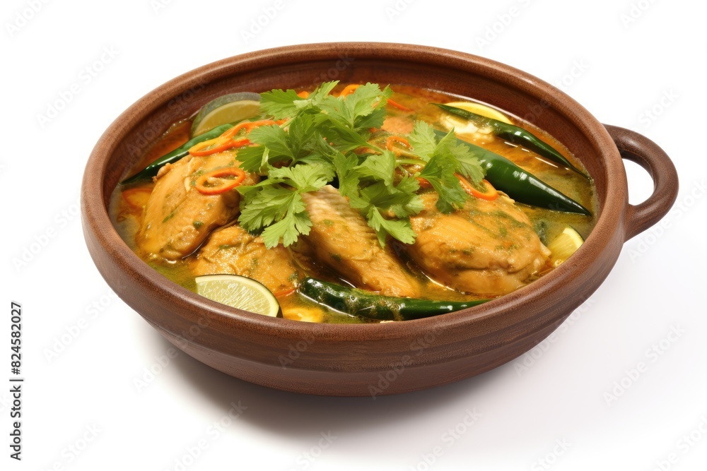 Cambodian amok, a fragrant fish curry. White background. Cambodian amok, a fragrant fish curry. White background.