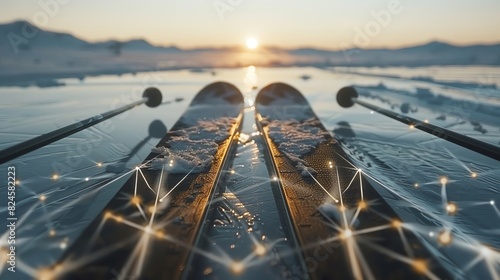 Hightech skis with digital overlays, ergonomic poles, and a serene snowy landscape, Futuristic, Digital, Soft neutrals, Advanced winter sports photo