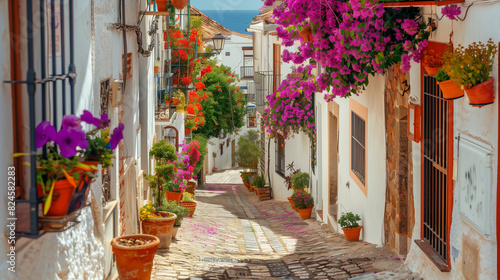 Narrow cobbled street in small cozy old town. Typical traditional houses with white walls, blooming colorful plants, flowers. Summer travel concept © lanters_fla