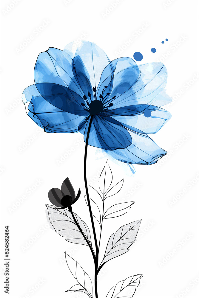 there is a blue flower with a stem and leaves on it
