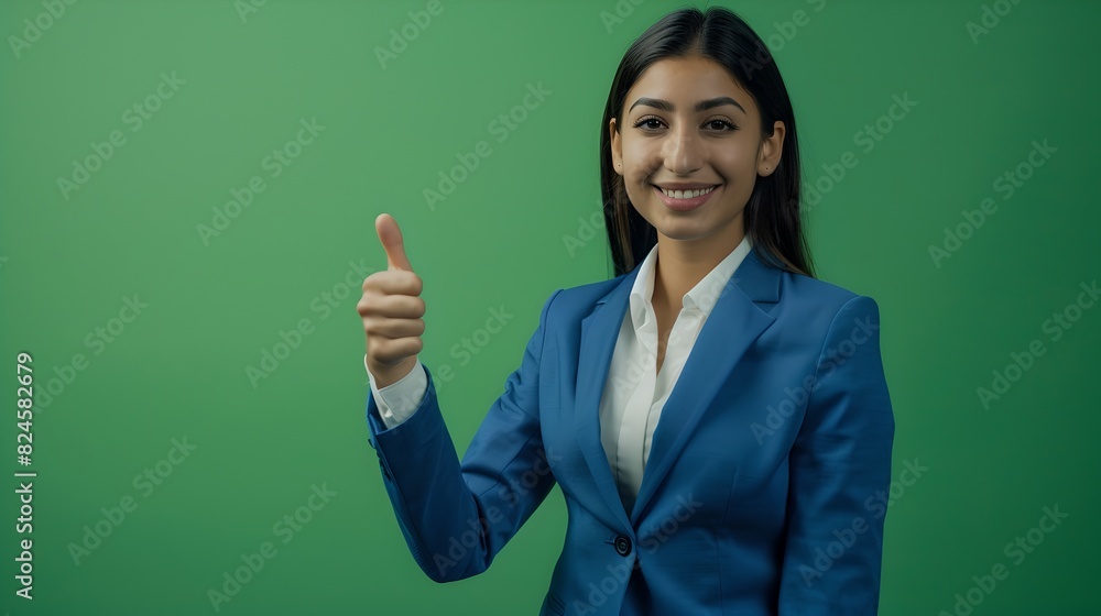 Businesswoman giving a thumbs up against green background. Professional woman in a blue suit. Happy business concept image. AI Businesswoman giving a thumbs up against green background. Professional woman in a blue suit. Happy business concept image. AI