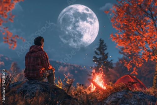 Camper Enjoying Full Moon by Campfire in Autumn