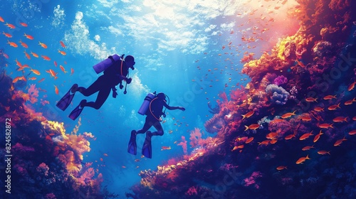Two divers exploring a vibrant underwater world filled with colorful coral reefs and tropical fish in clear blue waters during a sunny day. photo
