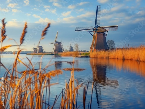 Picturesque windmills reflected in a serene lake during sunset, surrounded by golden reeds and a vibrant sky.