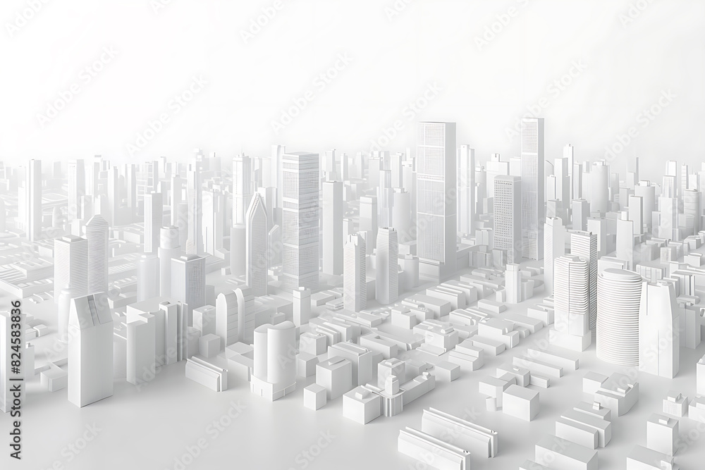A highly detailed 3D model of a cityscape in pristine white, showcasing buildings, streets, and infrastructure with intricate precision A highly detailed 3D model of a cityscape in pristine white, showcasing buildings, streets, and infrastructure with intricate precision