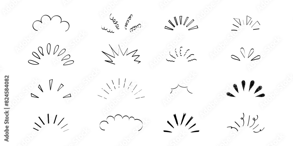 Fototapeta premium Pop line frame comic anime effect healine mark, suprise doodle emotions isolated on white background. Attention sign, notice or sparles.