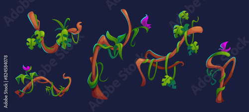 Jungle liana creeping branch with green leaves and flowers. Cartoon vector illustration set of hanging climbing tropical tree with greenery. Twisted plant stem creeper with foliage and blossom.
