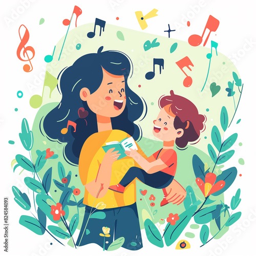 illustration of a woman holding a child and singing