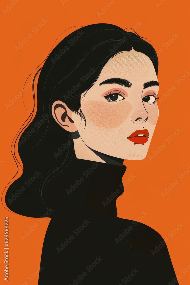 Minimalist Illustration of a Woman with Black Hair and Red Lips Against an Orange Background Minimalist Illustration of a Woman with Black Hair and Red Lips Against an Orange Background