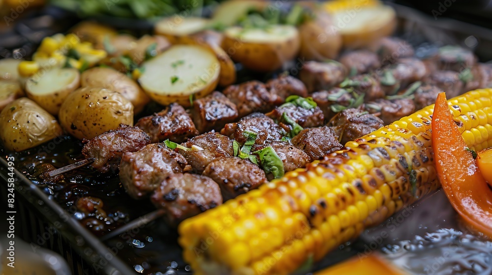 Grilled meat with corn, and potatoes with delicious spices for dinner Grilled meat with corn, and potatoes with delicious spices for dinner