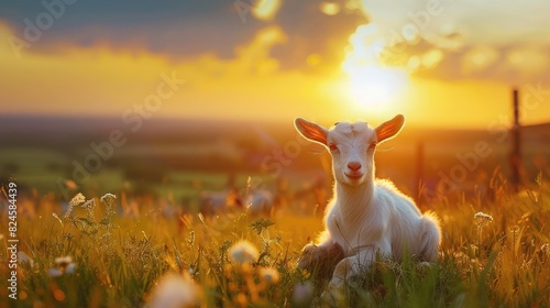 Cute little baby goat on a meadow at sunset in summe photo