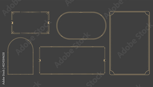 Golden celestial minimal esoteric frame, thin line border, mystyc linear decoration with dots, moon, stars corners isolated on dark background. Geometric shape, tarrot 