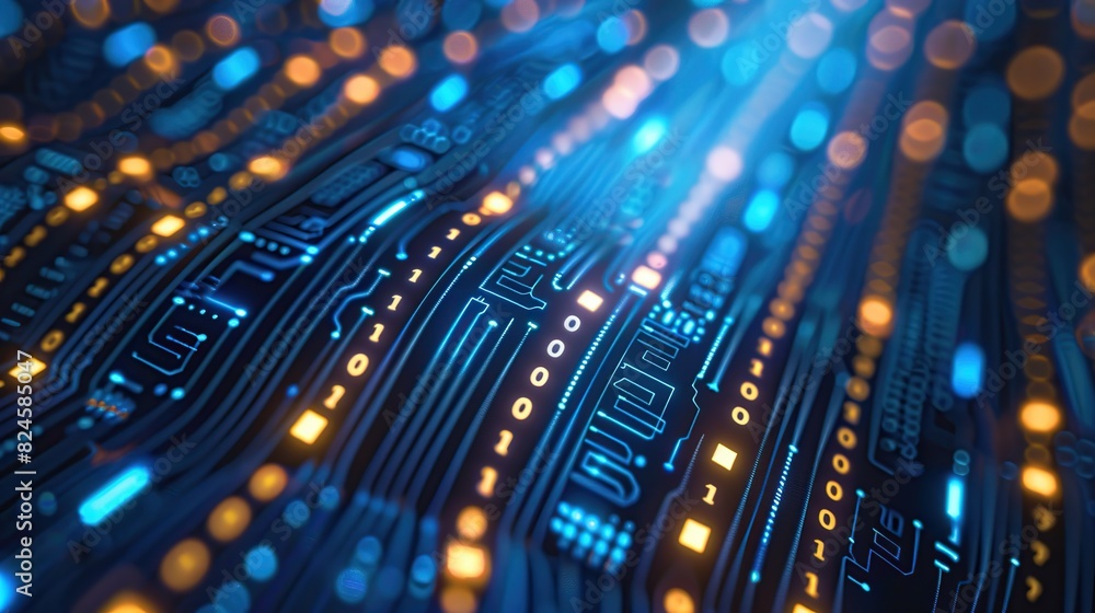 Complex binary code on a futuristic blue background for digital technology processing, communication and data transfer concept Complex binary code on a futuristic blue background for digital technology processing, communication and data transfer concept