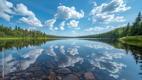 Scenic Lake Reflecting Clouds in Summer photo