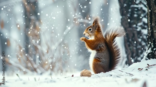 Cute squirrel in a snowy forest. Captivating winter beauty captured up close. Perfect for nature enthusiasts and wildlife lovers. Stunning visual in deep winter hues. AI © Irina Ukrainets