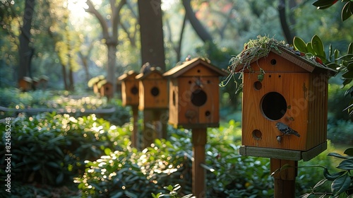 Environmental conservation concept, An urban park with birdhouses, encouraging urban biodiversity and habitat creation. Realistic Photo,