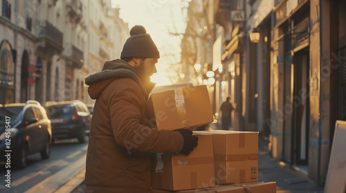 arafed man carrying boxes on a city street in the sun