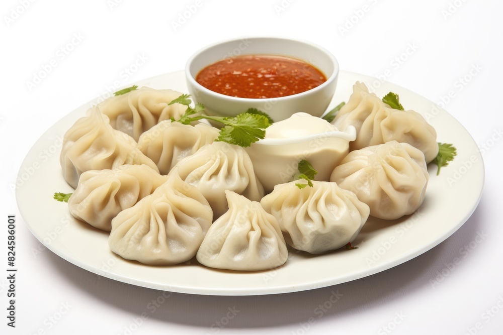 Nepali momo dumplings served with dipping sauce. White background. Nepali momo dumplings served with dipping sauce. White background.