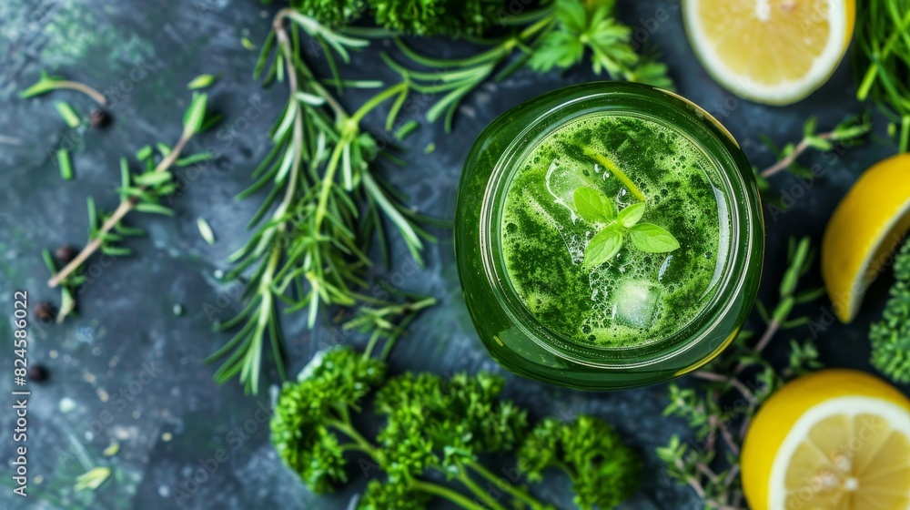 Cold-pressed green juice in a mason jar, with a background of fresh herbs and lemon slices Cold-pressed green juice in a mason jar, with a background of fresh herbs and lemon slices
