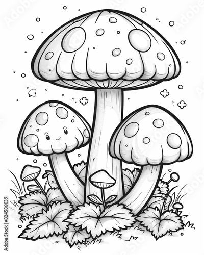 a black and white drawing of a mushroom with leaves