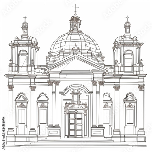 a drawing of a church with a dome and a steeple