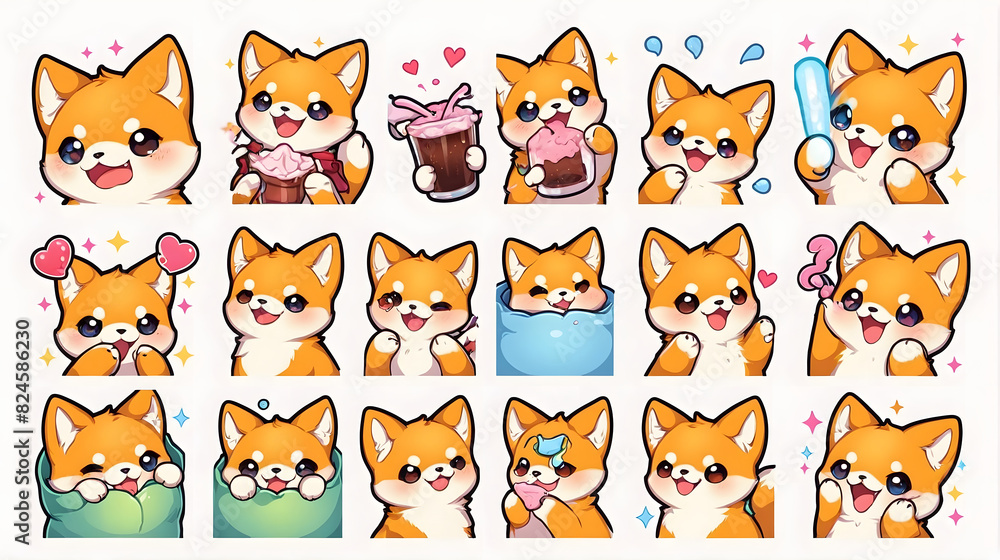 Colorful Detailed illustration of a cute and curious, friendly-looking shiba inu in many pose, sticker model