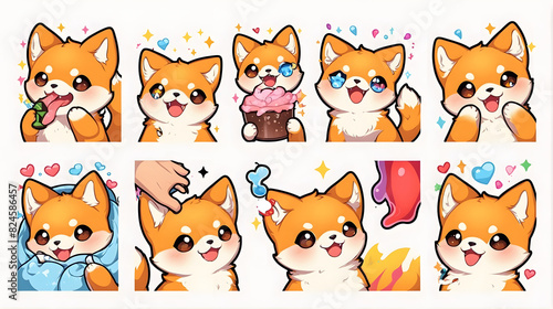 Colorful Detailed illustration of a cute and curious, friendly-looking shiba inu in many pose, sticker model
