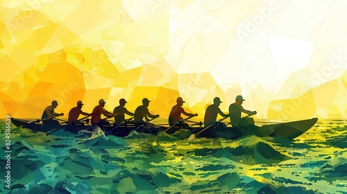 A group of rowers are rowing a boat in the ocean