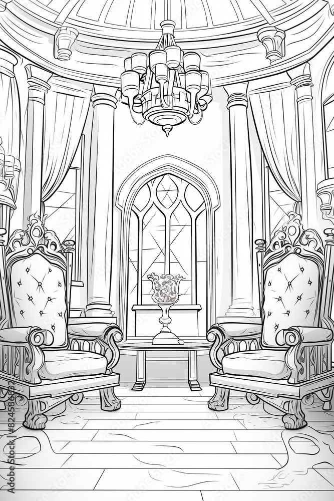 coloring pages of a living room with a chandelier and chairs