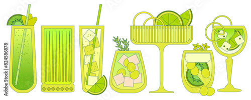 Green cocktails set. Soft drinks with ice cubes, lime, kiwi, grapes. Margarita cocktail. Smoothie. Alcohol drink for bar. Non-alcoholic beverage. Flat vector illustration with outline, gradient
