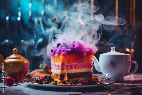 A multi-layered cake with purple smoke billowing from it. The cake is decorated with berries and served on a silver platter with a teapot and teacup.