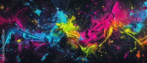 A dynamic abstract background featuring splashes of neon colors on a dark canvas. Electric blues  hot pinks  and lime greens create a pulsating effect.