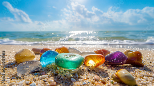 there are many different colored rocks on the beach near the ocean